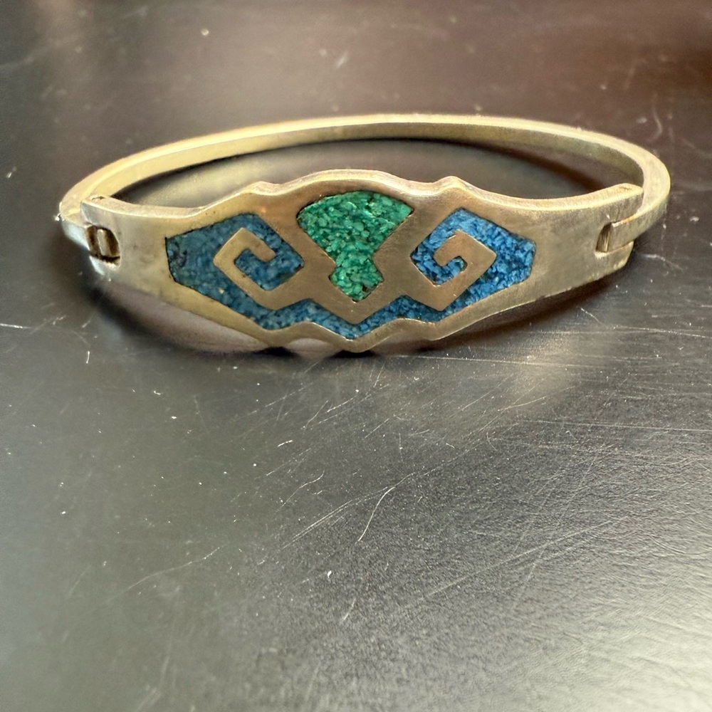 Vintage Alpaca Mexico Sterling Silver Turquoise Chip Inlay Clip Bangle bracelet